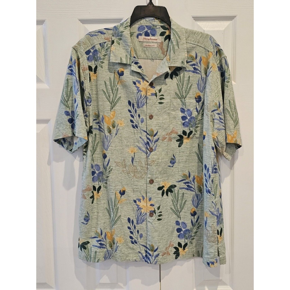 Tommy Bahama 100 % Silk Casual Button Green Hawaii Print Shirt Men's Large